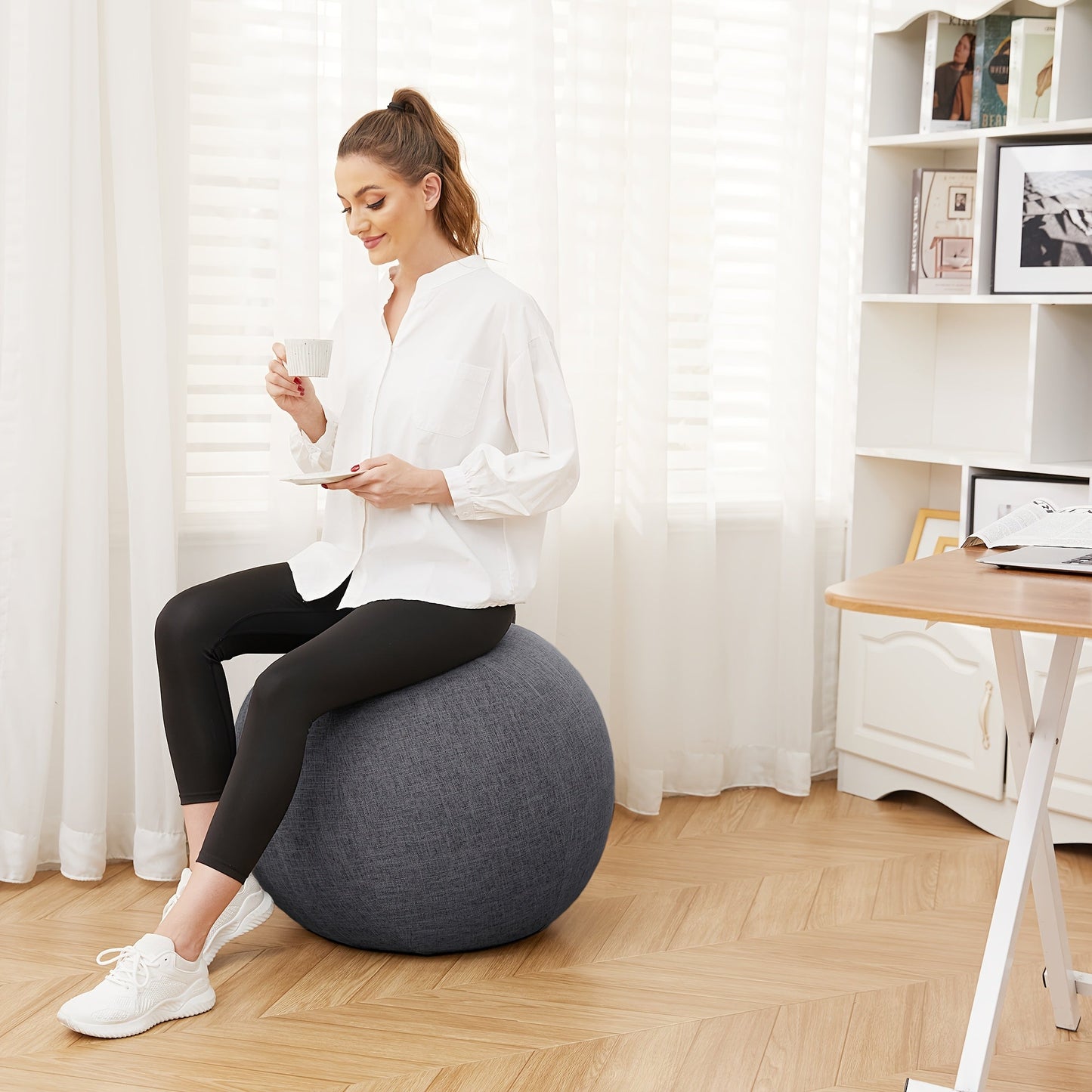 Exercise Ball Chair 65cm with Fabric Cover Anti-Burst Yoga Ball Seat for Home Office Desk Pilates Core Training Pregnancy Birthing Ball – Improves Posture & Relieves Back Pain, Grey & Black