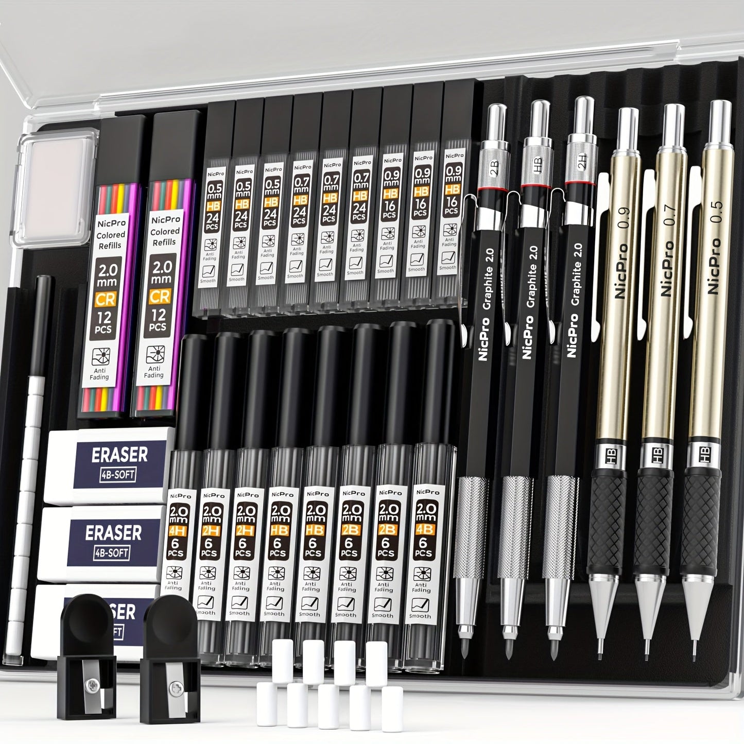 34-Piece Art Mechanical Pencil Set with Case 6 Metal Drafting Pencils 0.5mm 0.7mm 0.9mm 2mm Lead Tips 19 Refill Leads Erasers for Sketching Drawing Artists