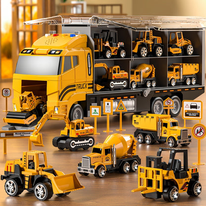13-in-1 Construction Truck Toy Set with Die-Cast Cars, Play Mat & Transport Carrier – Kids Vehicle Playset for Ages 3+, Perfect Christmas & Birthday Gift