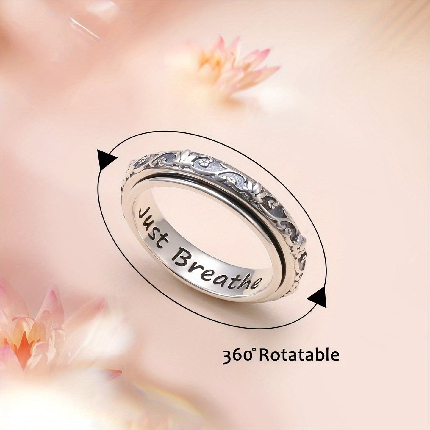 S925 Sterling Silver Lotus Flower Spinner Anxiety Ring – Just Breathe Oxidized Fidget Band for Stress Relief ADHD Autism Yoga, Unisex Worry Ring Sizes 8-12 Gift for Women Men