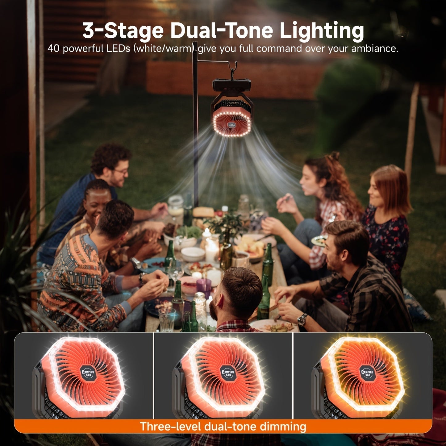 20000mAh Camping Fan with LED Light & Remote Control – 4-Speed Brushless Motor, 180° Oscillating Portable Outdoor Fan, 22-26 Hour Battery Life, 40 LEDs, Timer – for Camping, Hiking, Tent, Emergency & Home Use