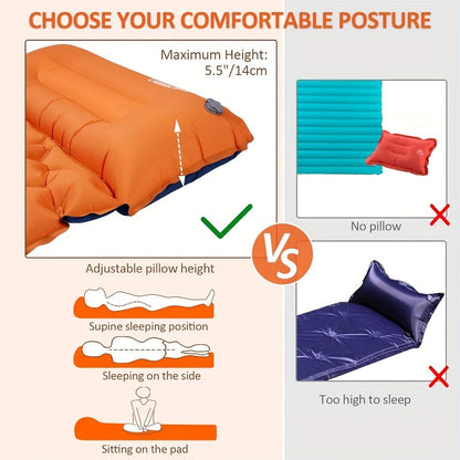 Self-Inflating Sleeping Pad Ultralight Nylon TPU Camping Mat, Built-In Pump Single & Double Person Options, Compact Portable Sleeping Mat for Camping Hiking Backpacking Travel Picnic, Orange & Blue