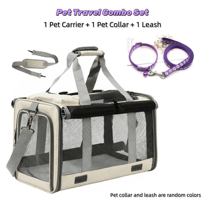 Airline Approved Soft-Sided Pet Carrier for Cats and Small Dogs - Breathable Collapsible Oxford Cloth Travel Crate with Privacy Cover Zipper Closure, Combo Set with Leash and Collar Included