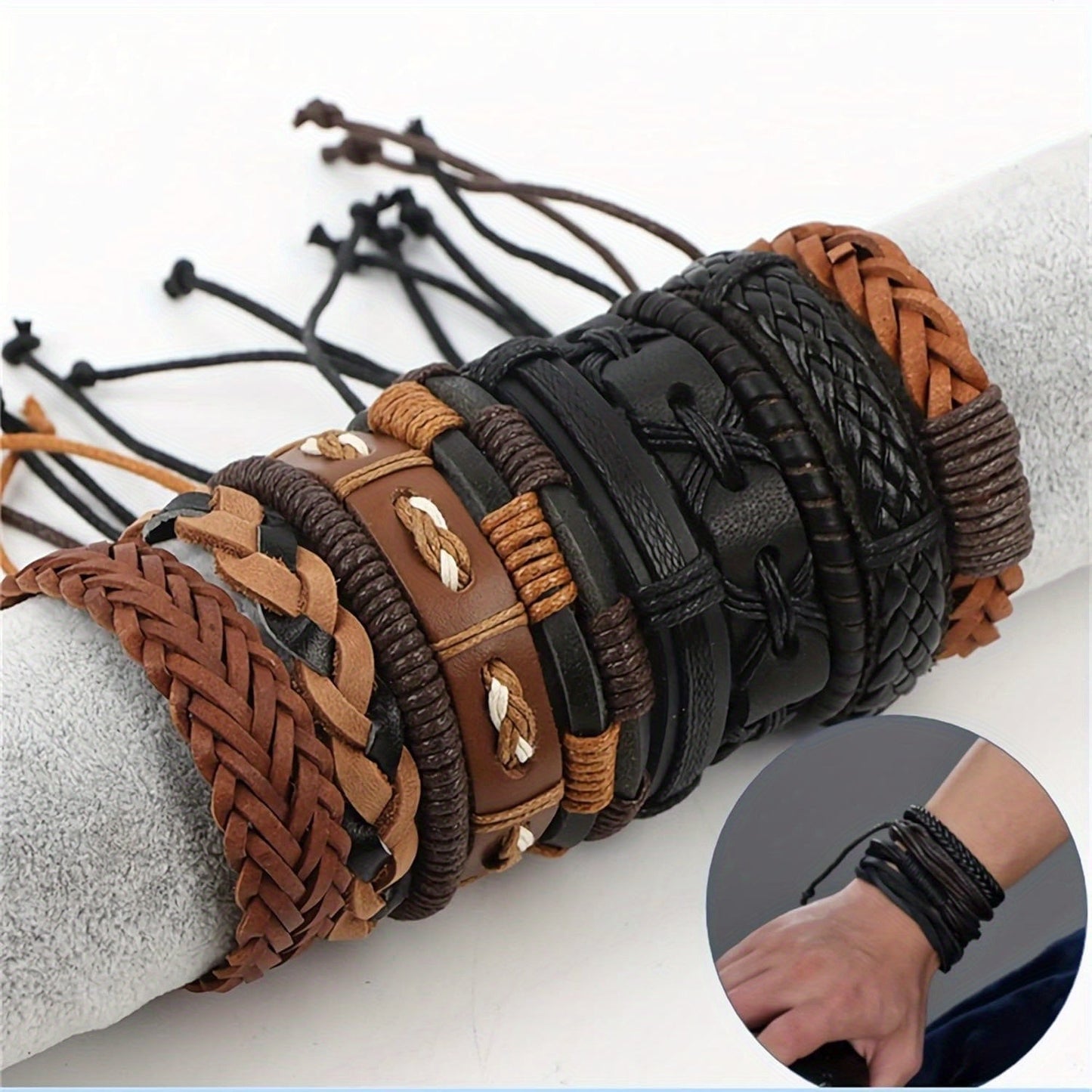 26 Pcs Vintage Faux Leather Braided Bracelet Set for Men and Women Adjustable Handmade Woven Cuff Bracelets Unisex Black Brown Retro Style Boho Jewelry Gift for Party Daily Wear