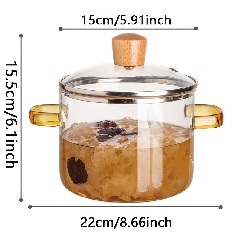 54oz Borosilicate Glass Soup Pot with Handle Heat Resistant 752°F | Stovetop Oven Safe Transparent Glass Cooker | Soup Congee Ramen Milk Pot | Easy Clean Odorless Non-Toxic | Green Yellow Handle
