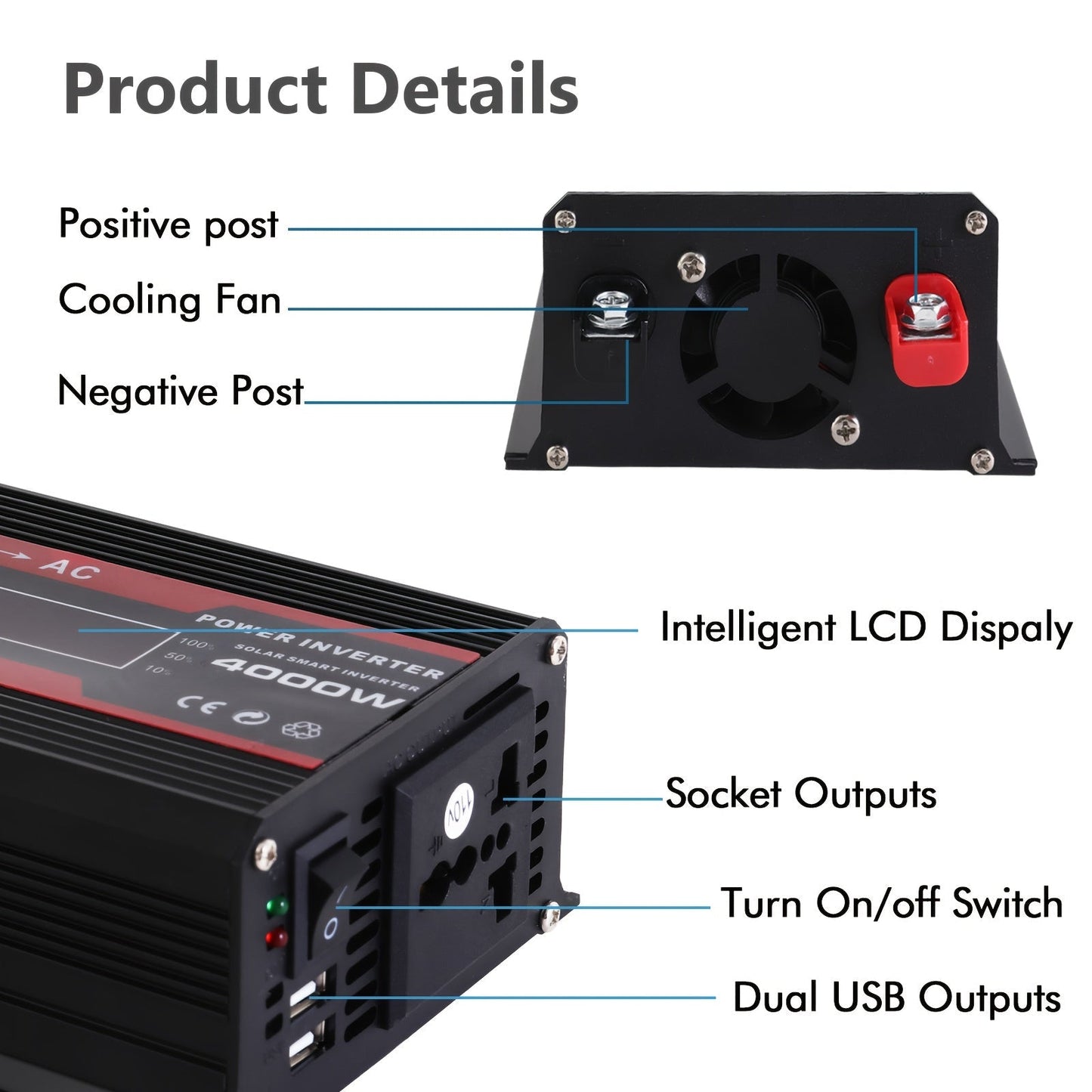 4000W Car Power Inverter DC 12V to AC 110V with LCD Display, Cooling Fan and Overload Protection - Portable 800W Rated Converter for Road Trips, Camping, Outdoors and Emergency Kits