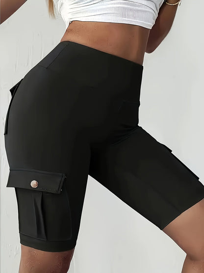 Women's High Waist Yoga Shorts with Pockets – Solid Color Soft Stretch Workout Shorts for Yoga Gym Running, Flattering Fit, Spring Summer Fall Activewear