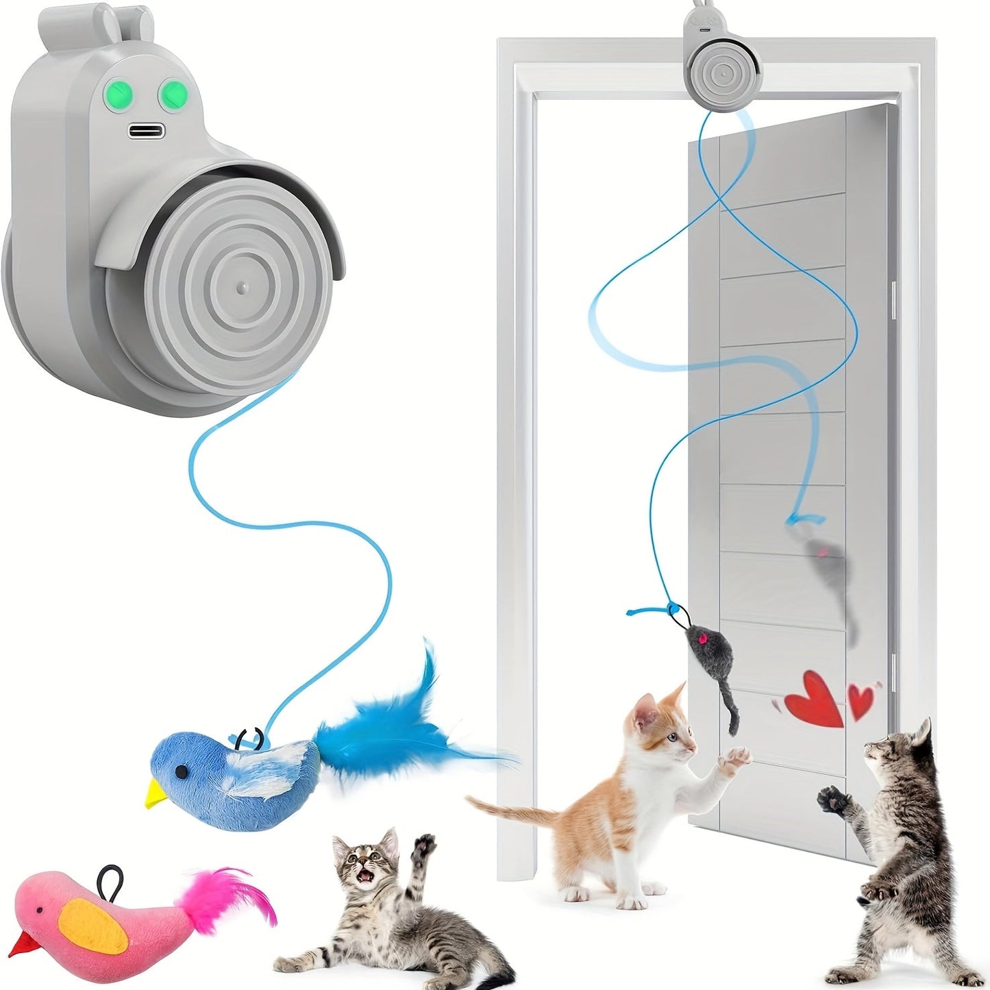 Interactive Cat Toy for Indoor Cats – Automatic Electric Flying Bird Feather Stick-On Hanging Self-Play Kitten & Adult Cat Enrichment Toy for Bored Cats, White Blue Grey
