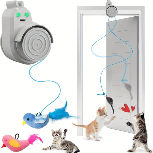 Interactive Cat Toy for Indoor Cats – Automatic Electric Flying Bird Feather Stick-On Hanging Self-Play Kitten & Adult Cat Enrichment Toy for Bored Cats, White Blue Grey