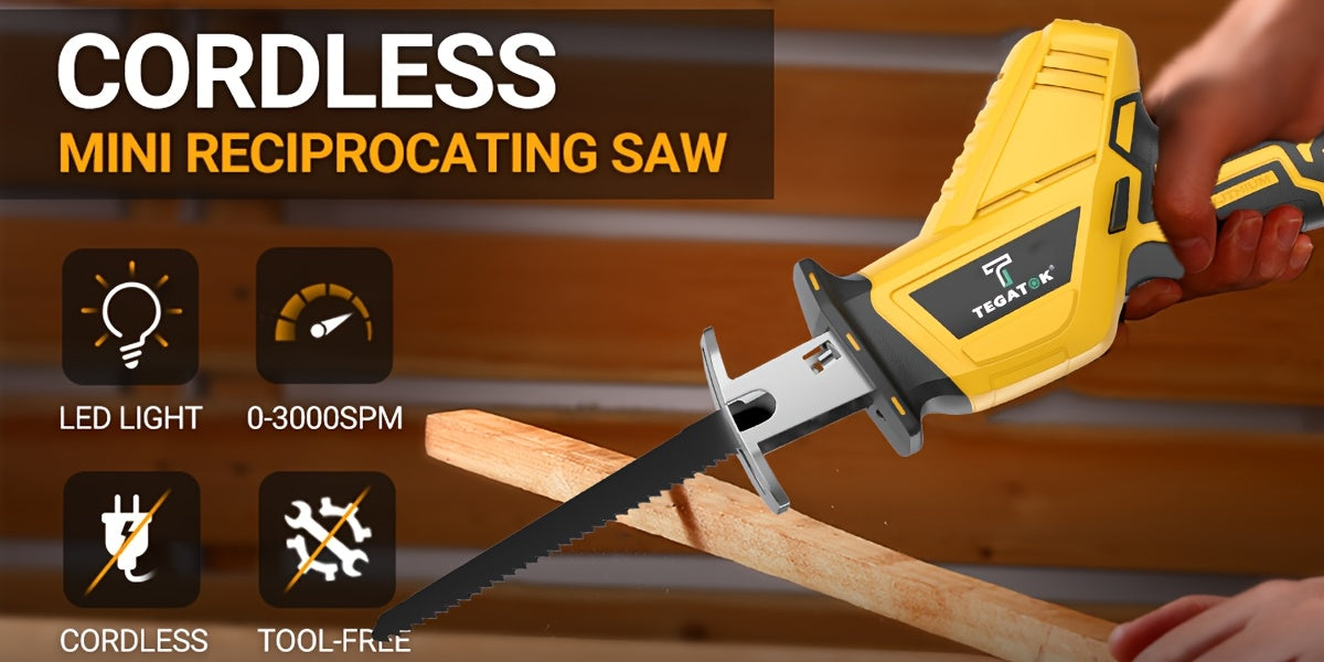 Cordless Reciprocating Saw with LED Light & Safety Lock | Electric Handsaw for Multi-Purpose Cutting, Replaceable Blades, Toolbox Included – 1 or 2 Battery Options, Yellow/Green/Red