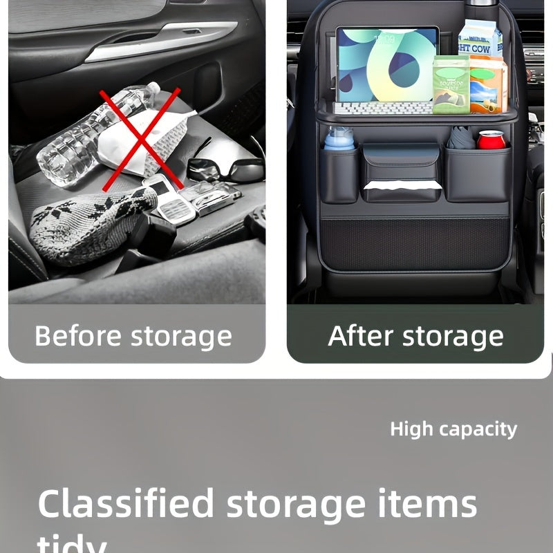 Car Seat Back Organizer PU Leather – Multifunctional Back Seat Storage Bag with Foldable Dining Table, Cup Holder & Travel Pockets, Universal Fit for Cars SUVs Trucks, Road Trip Accessories