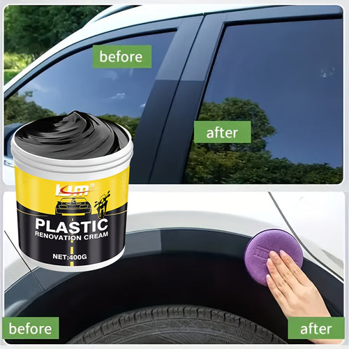 Car Plastic & Rubber Repair Cream All-in-One Trim Restorer Scratch Remover Tire Shine Wax, Anti-Cracking Anti-Aging Formula for Interior Exterior Car Detailing, Includes Sponge