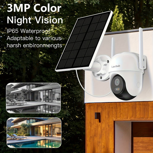 Laxihub GO2T Solar Outdoor Security Camera – 1296P FHD 3MP PTZ, AI Human Detection, 5200mAh Wire-Free Battery, Color Night Vision, 2-Way Audio, 2.4G WiFi, Cloud & SD Storage