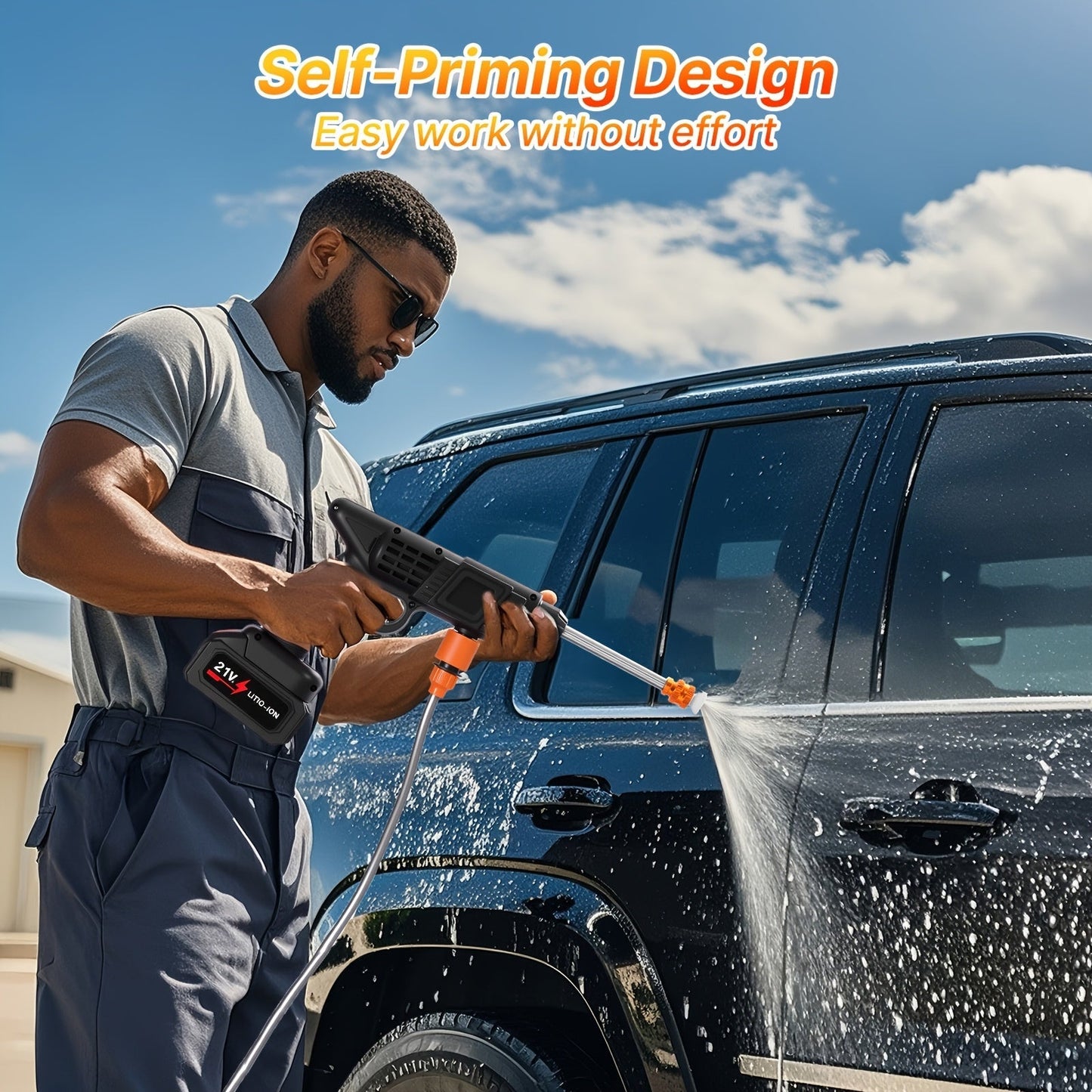 Cordless Pressure Washer 300W, Handheld Electric Car Wash Gun with 6-in-1 Nozzle, 1.3GPM High Pressure Washer with 15000mAh Battery, 60-Min Runtime for Car Wash, Home, Floor & Garden Cleaning