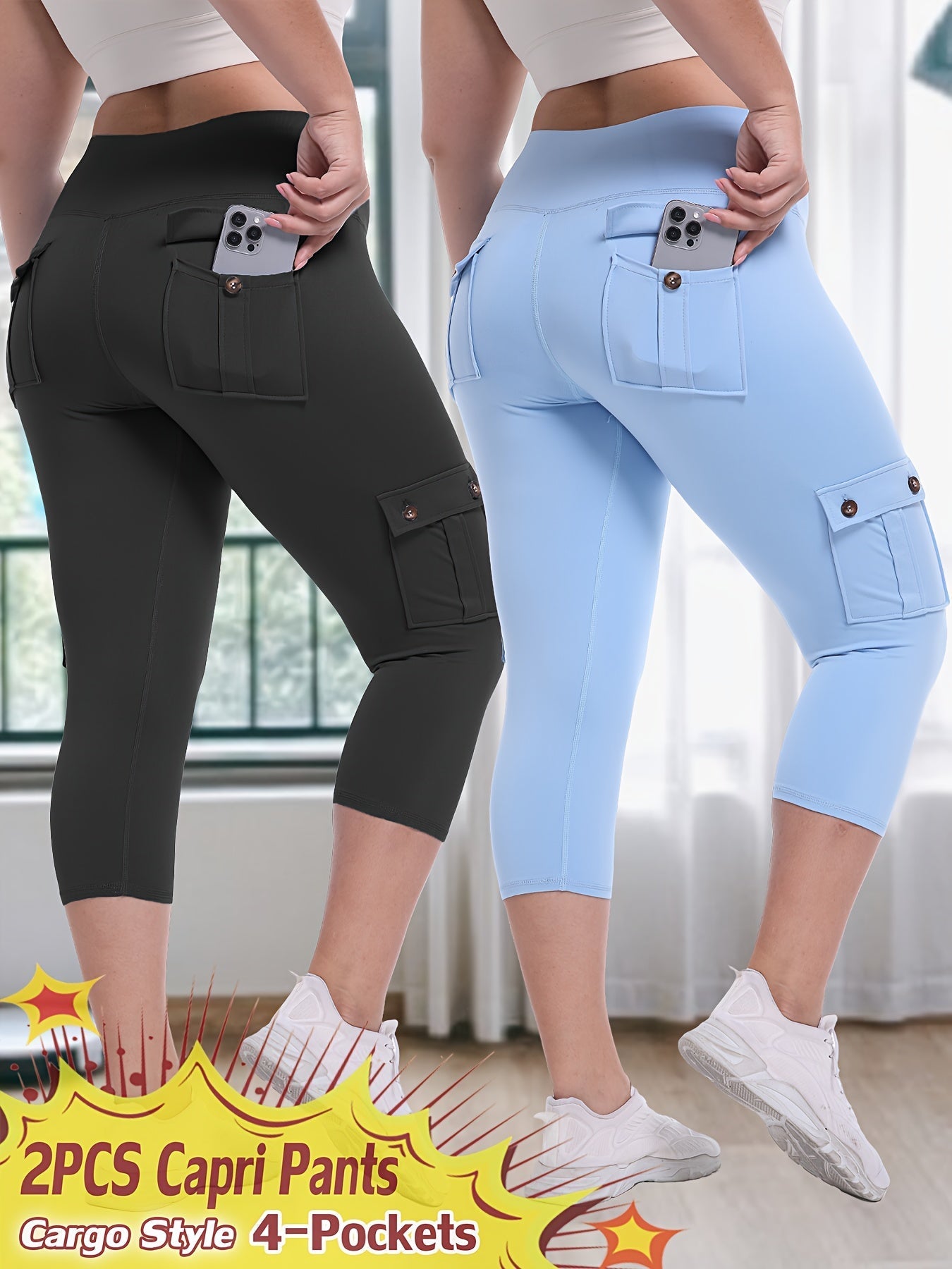 High Waist Yoga Capri Pants 2-Pack – Butt Lifting Tummy Control 4-Way Stretch Spandex Leggings with 4 Pockets, Three-Quarter Athletic Activewear for Women, 9 Color Sets, Sizes S-XXL