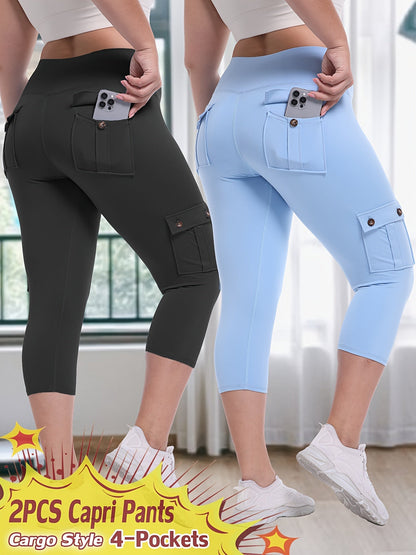 High Waist Yoga Capri Pants 2-Pack – Butt Lifting Tummy Control 4-Way Stretch Spandex Leggings with 4 Pockets, Three-Quarter Athletic Activewear for Women, 9 Color Sets, Sizes S-XXL