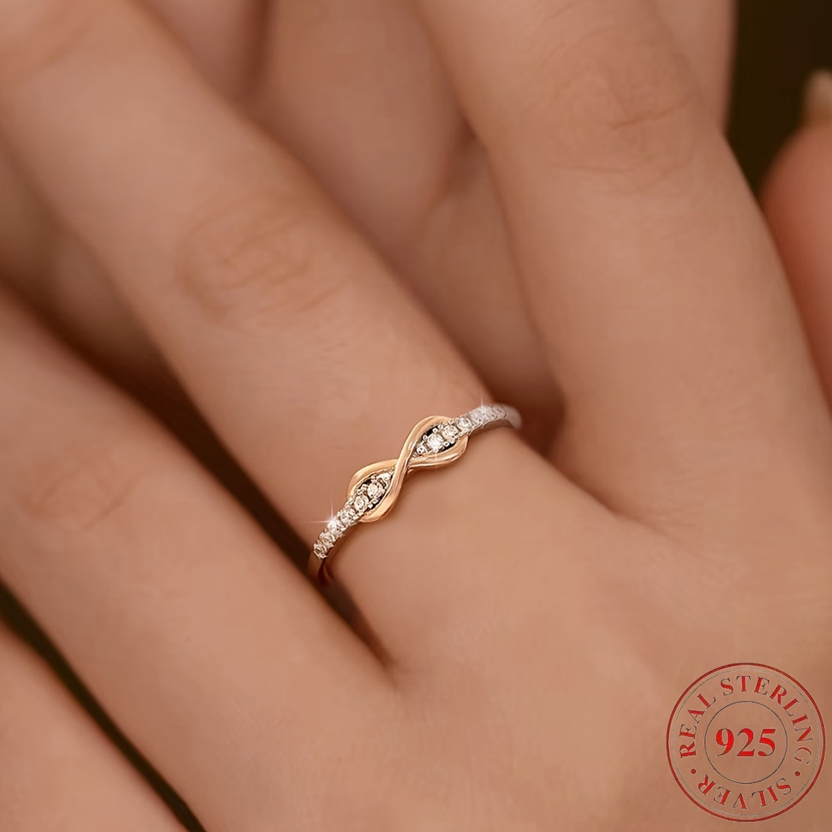 S925 Sterling Silver Lucky 8 Ring for Women – Cubic Zirconia Inlay, Two-Tone Color Separation Design, Elegant Stackable Band, Sizes 5-10, Exquisite Wedding & Gift Jewelry