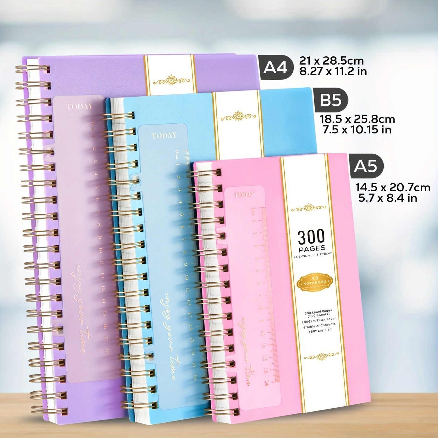 Spiral Notebook 3 Pack A5 Hardcover College Ruled Journal Set, 300 Pages 100GSM Thick Paper, PVC Cover Notepad for Women Girls Students, 5.7" x 8.4" with Ruler