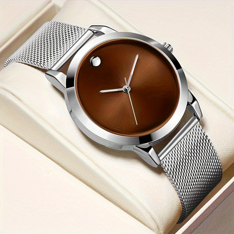 Men's Minimalist Stainless Steel Band Quartz Watch Slim Round Dial Casual Fashion Everyday Wear Gift for Him Silver Brown