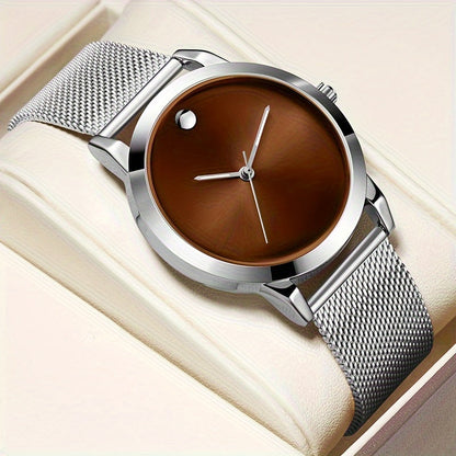 Men's Minimalist Stainless Steel Band Quartz Watch Slim Round Dial Casual Fashion Everyday Wear Gift for Him Silver Brown