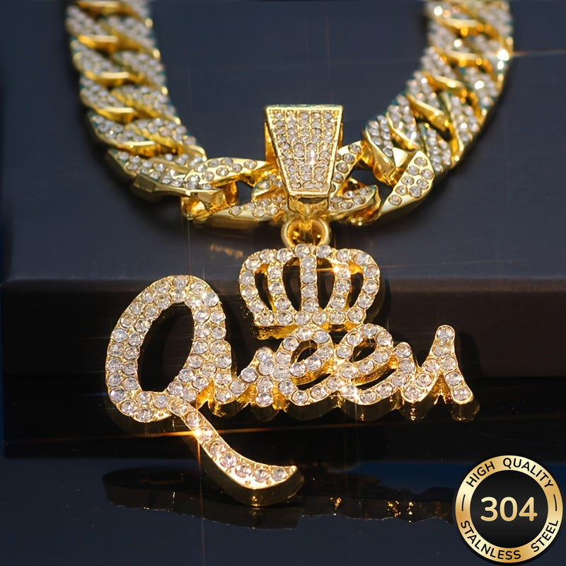 Hip Hop Queen Crown CZ Pendant Necklace for Women – Shiny Synthetic Zirconia Statement Jewelry, Bold Bling Necklace Gift for Ladies, Birthday, Valentine's Day & Special Occasions