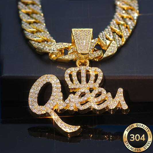 Hip Hop Queen Crown CZ Pendant Necklace for Women – Shiny Synthetic Zirconia Statement Jewelry, Bold Bling Necklace Gift for Ladies, Birthday, Valentine's Day & Special Occasions