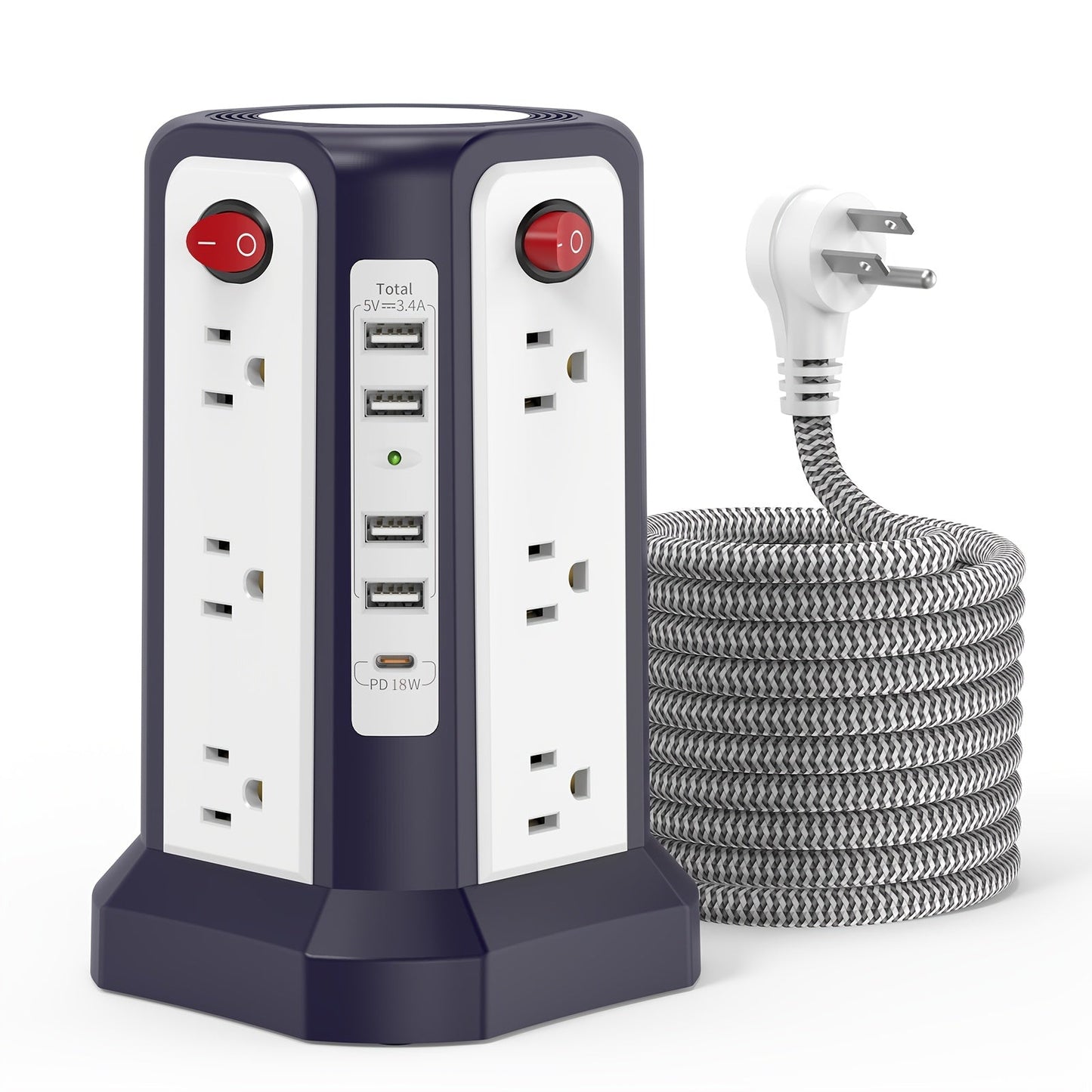 Power Strip Tower 16 AC Outlets 5 USB Ports USB-C PD20W 1500J Surge Protector Flat Plug Desktop Extension Cord