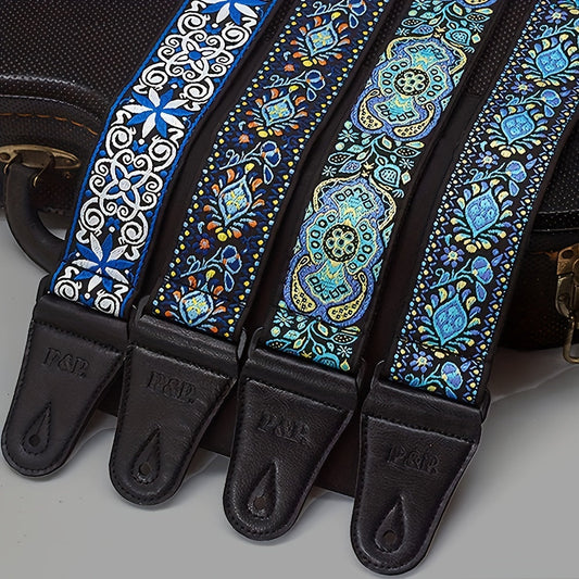 Adjustable Embroidered Guitar Strap with PU Leather Ends – Boho National Style, 35–57 Inch Length, Fits Acoustic, Electric, Classical Guitar & Bass, 11 Unique Designs