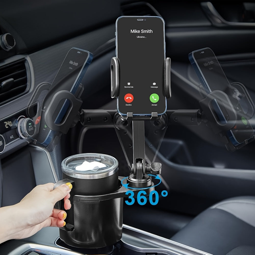 Car Phone Cup Holder Mount 2-in-1 Swivel 360° Rotation Universal Fit for Cars SUVs Trucks with Shock Absorption Trim - Black Extender