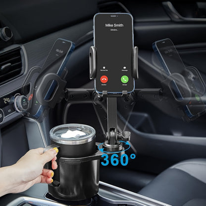 Car Phone Cup Holder Mount 2-in-1 Swivel 360° Rotation Universal Fit for Cars SUVs Trucks with Shock Absorption Trim - Black Extender