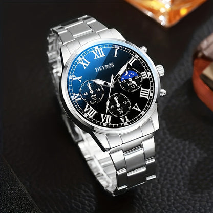 Men's Stainless Steel Chronograph Quartz Watch Set with Necklace & Bracelet – 3-Piece Business Analog World Time Jewelry Gift Set for Professional Formal Events
