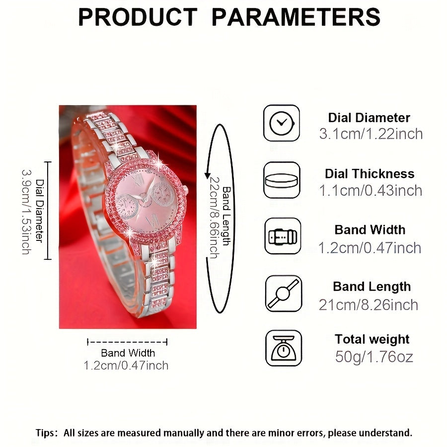 3pcs Women's Fashion Watch and Jewelry Set – Elegant Rhinestone Ring & Bracelet Watch Set, Stylish Gift for Women in Pink Red Silver, Perfect for Birthday Valentine's Day Anniversary