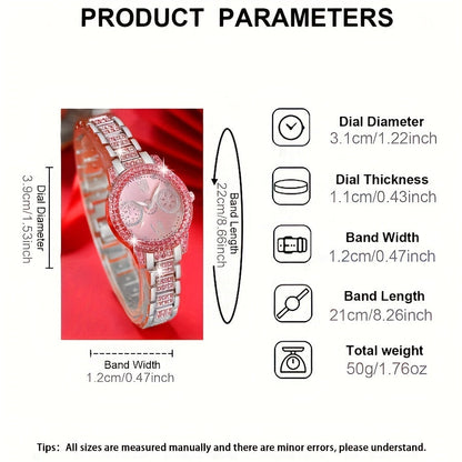 3pcs Women's Fashion Watch and Jewelry Set – Elegant Rhinestone Ring & Bracelet Watch Set, Stylish Gift for Women in Pink Red Silver, Perfect for Birthday Valentine's Day Anniversary