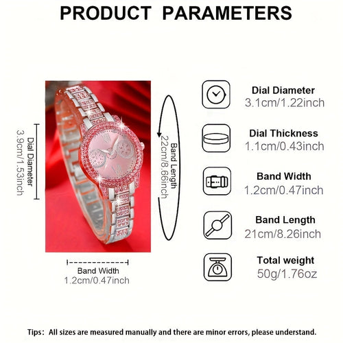 3pcs Women's Fashion Watch and Jewelry Set – Elegant Rhinestone Ring & Bracelet Watch Set, Stylish Gift for Women in Pink Red Silver, Perfect for Birthday Valentine's Day Anniversary