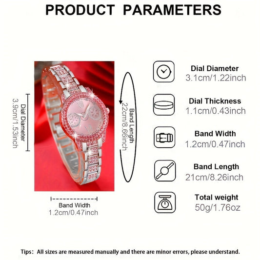3pcs Women's Fashion Watch and Jewelry Set – Elegant Rhinestone Ring & Bracelet Watch Set, Stylish Gift for Women in Pink Red Silver, Perfect for Birthday Valentine's Day Anniversary