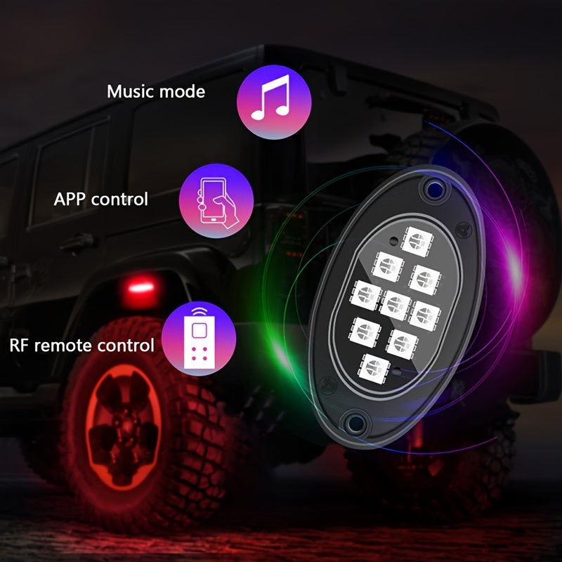 RGB LED Rock Lights Kit for Trucks & Pickup – Sound Activated, APP & Remote Control, Multicolor Underglow Chassis Neon Light, 9 Large Light Beads, 4/6/8/10 Pods Underbody Lighting