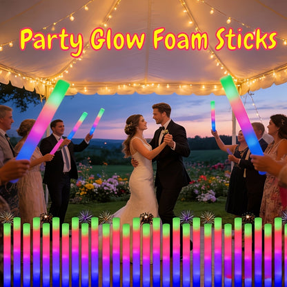 LED Foam Light Sticks Bulk Pack 28 48 or 100 Pieces – 3-Mode Color Changing Flashing Glow Sticks for Parties Weddings Concerts Birthdays Halloween Christmas Camping and Cheering Events
