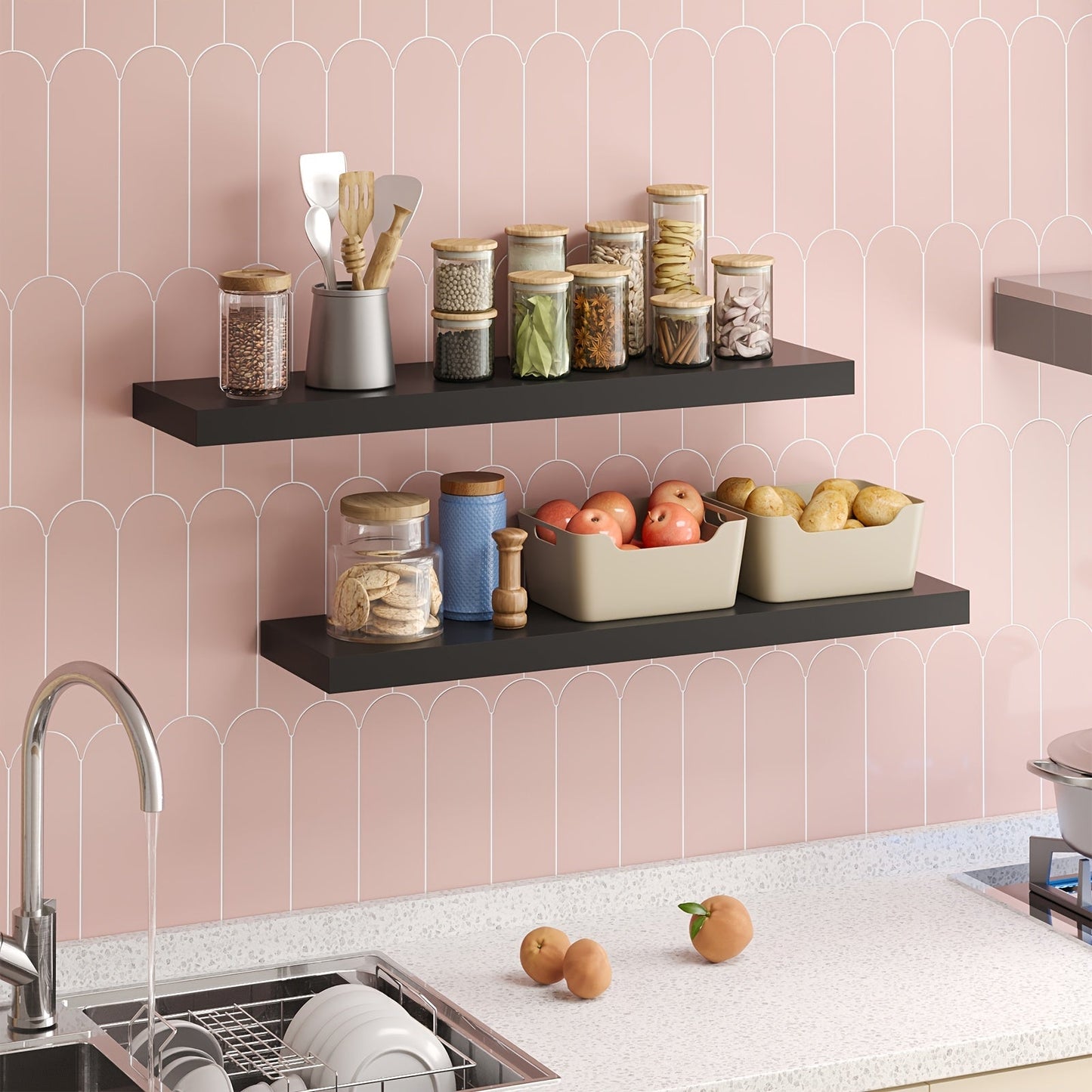 Floating Wall Shelves Wood 2/4/6 Pack 15.7 19.7 22 Inch Wall Mounted Shelves for Living Room Kitchen Bathroom Bedroom Holds 30 lbs Walnut Brown White Black Gray Home Decor Storage