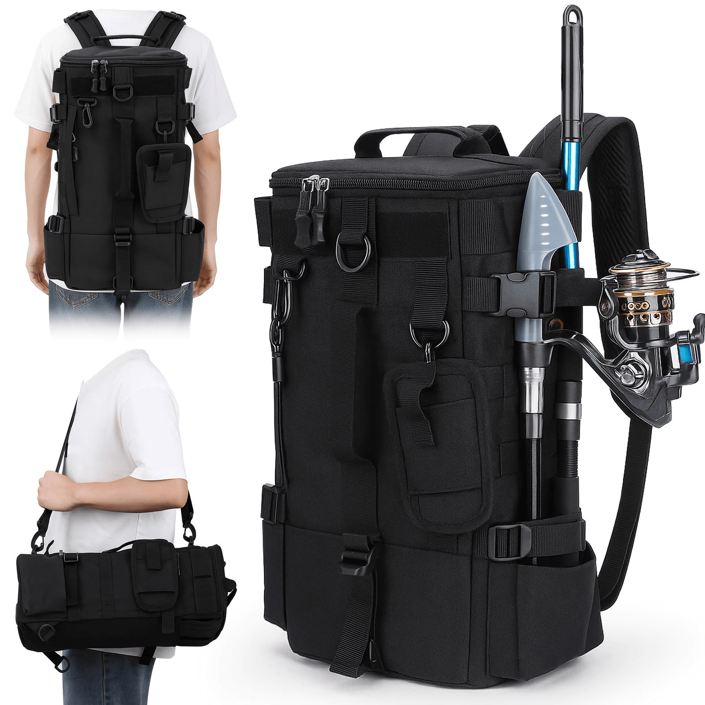 Lightweight Fishing Backpack 2-Piece Set Waterproof Nylon Angler Daypack with Scissors Pouch Zipper Tackle Organizer for Outdoor Hiking Travel Black Army Green Khaki