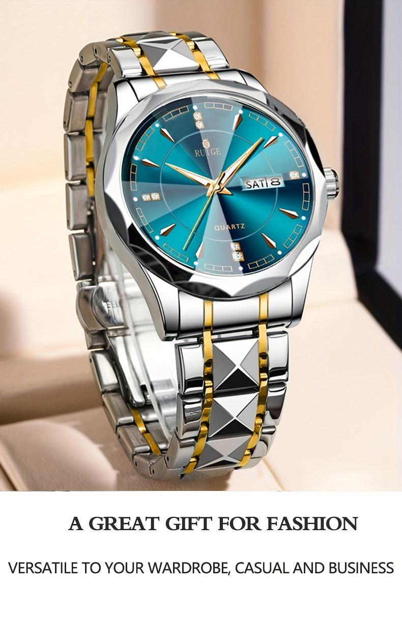 RUIGE Men's Fashion Quartz Watch – Night Light, Dual Calendar, Diamond Shaped Mirror Dial, Stainless Steel Case, Alloy Strap, Business Casual Wristwatch, Perfect Father's Day Gift for Men