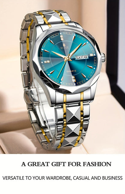 RUIGE Men's Fashion Quartz Watch – Night Light, Dual Calendar, Diamond Shaped Mirror Dial, Stainless Steel Case, Alloy Strap, Business Casual Wristwatch, Perfect Father's Day Gift for Men