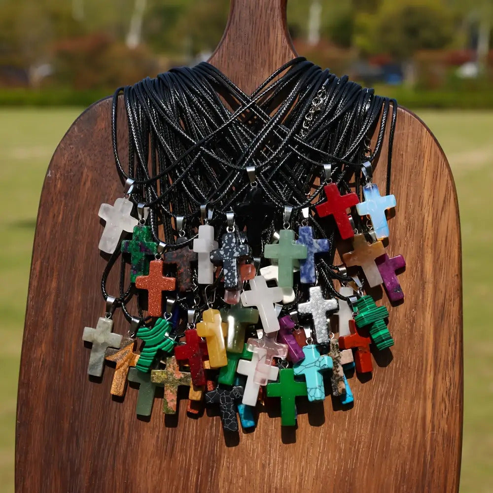 40pcs Natural Stone Cross Pendant & Necklace DIY Kit – 20 Quartz Imitation Gem Cross Pendants + 20 Adjustable Black Faux Leather Necklaces, Bulk Jewelry Making Supplies for Teens Women Bracelets Earrings Crafts