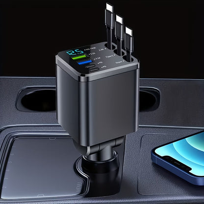 7-in-1 Car Fast Charger with 3 Retractable Cables LED Digital Display 180° Adjustable Universal Plug - Multi-Port Car Phone Charger for iPhone Android USB-C