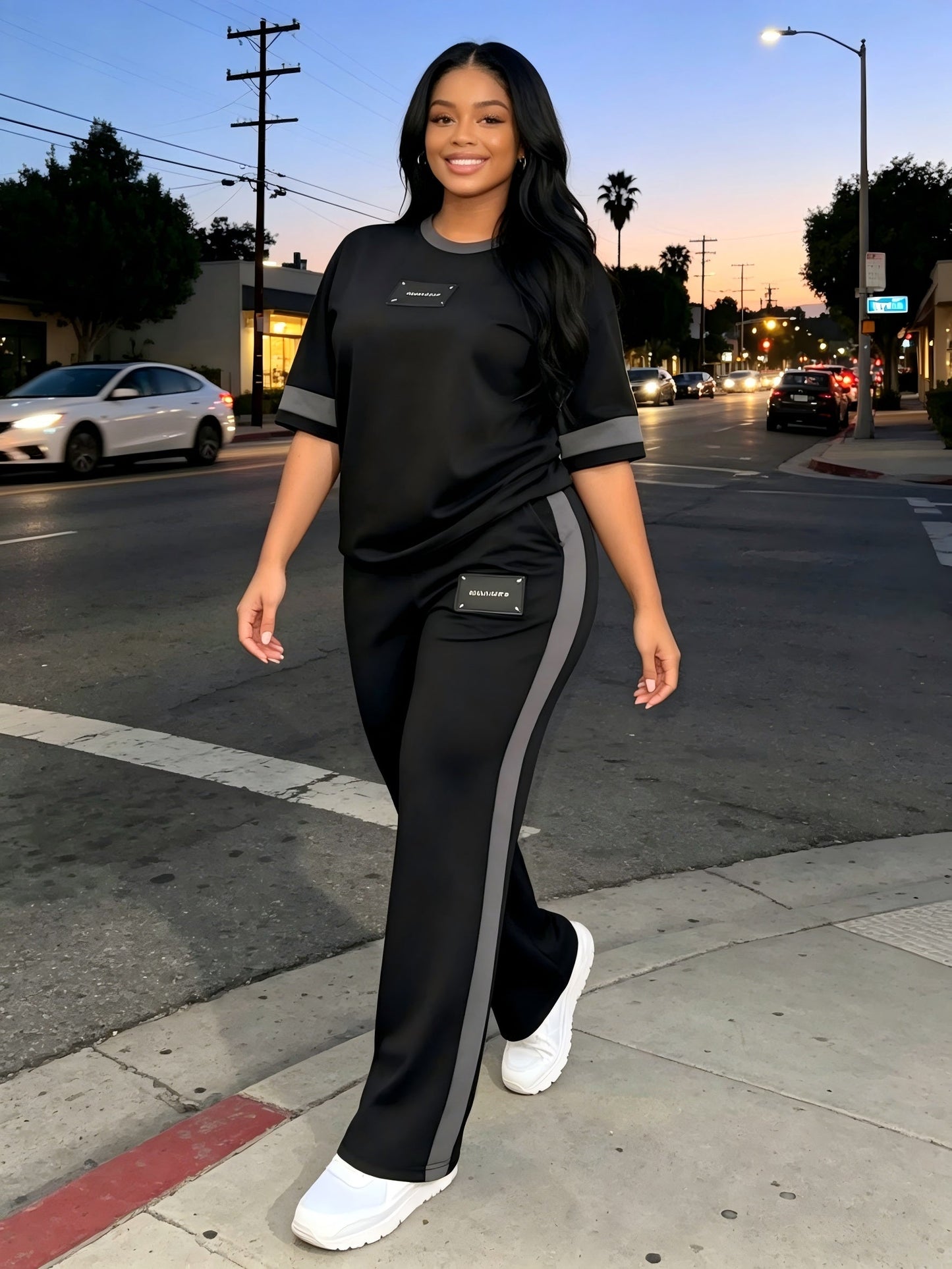 Women's 2-Piece Tracksuit Set Casual – Long Sleeve Crew Neck Top & Wide Leg Pants Stretchy Soft Loungewear for Spring Summer, Matching Outfit Slate Grey Blue Black Grey S M L XL XXL