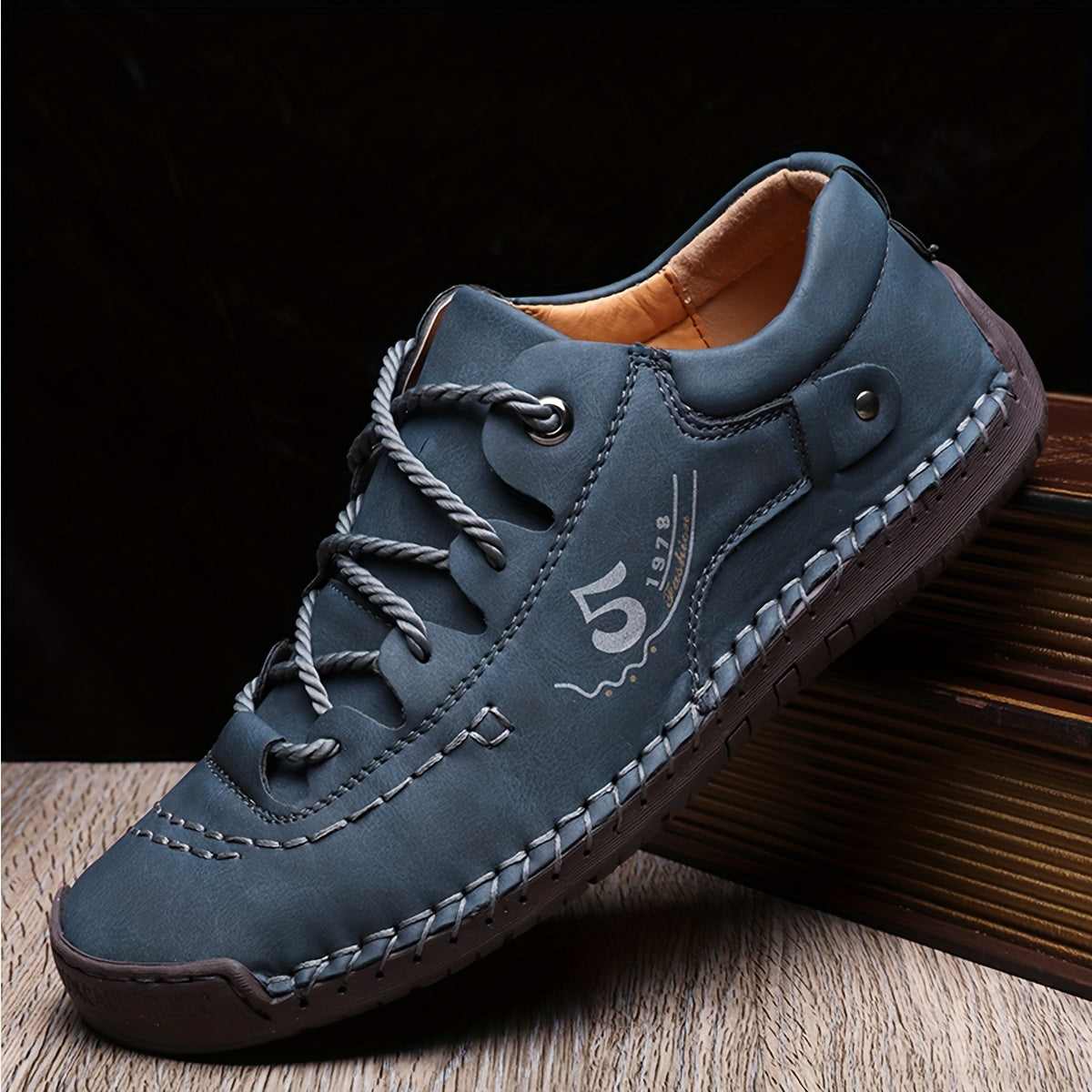Men's Handmade Stitching Casual Sneakers – Flat Sole Lightweight Outdoor Walking Shoes in Black, Khaki, Blue, Military Green & Yellowish-Brown, Sizes US 7.5–12.5