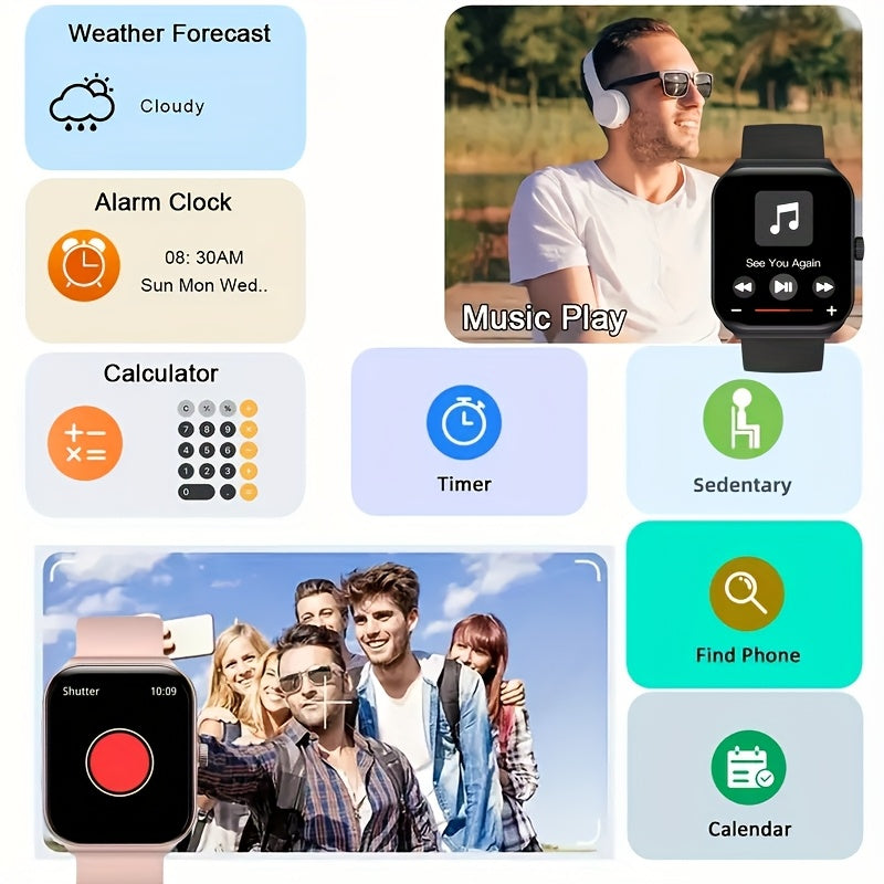 Smart Watch 1.83" Fitness Tracker with Bluetooth Calling – Step Counter, Activity Monitor, Message Notifications, Multi-Sport Modes, USB Charging, Compatible with iPhone & Android, Gift for Men & Women (Black/Pink)