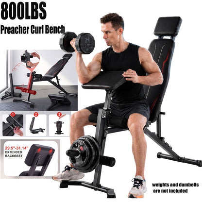 Adjustable Foldable Weight Bench Set with Squat Rack, Leg Developer & Preacher Curl Pad – All-in-One Home Gym Bench Press for Full Body Strength Training, Up to 1200 LBS