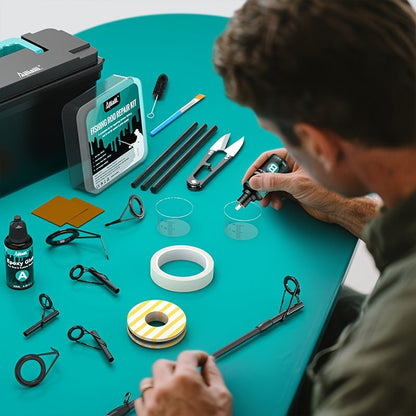Fishing Rod Repair Kit Complete Set – Tip Top Rings, Rod Guides, AB Epoxy Glue, Winding Thread & Textured Paper, Full Replacement Supplies for Broken Rods