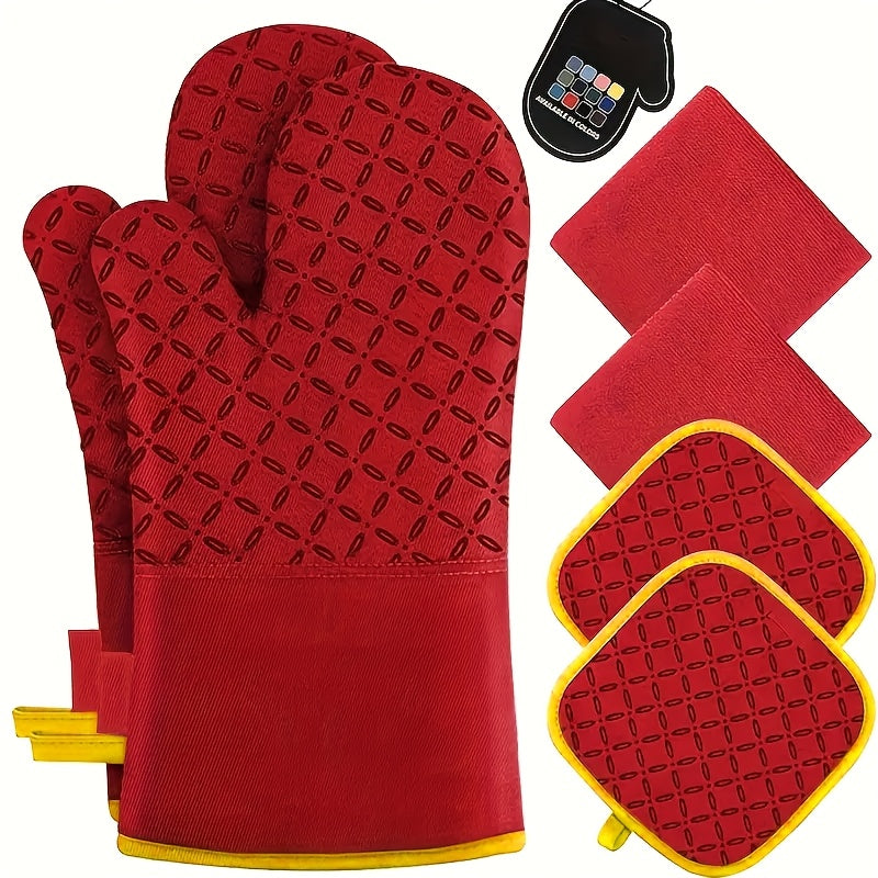 Oven Mitts and Pot Holders Set 6 Piece Heat Resistant Non-Slip Silicone Kitchen Gloves for Baking BBQ Cooking – Includes 1 Pair Mitts & 4 Pot Holders