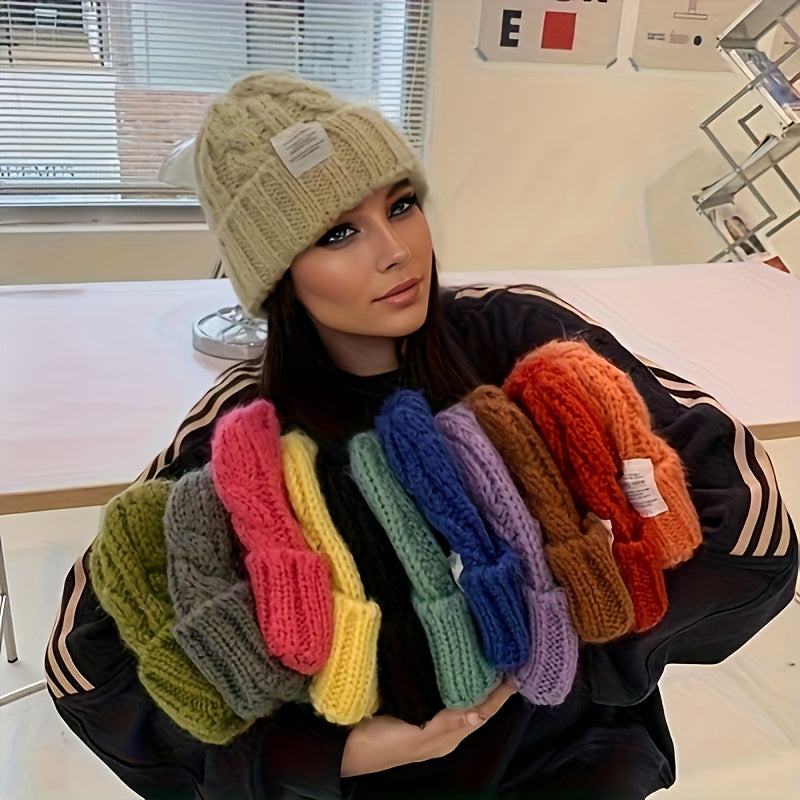 2 Pack Winter Knit Beanies for Women Men, Candy-Colored Chunky Cable Knit Warm Hats with Ear Protection, Loose Fit Slouchy Beanie for Outdoor Street Wear Cold Weather